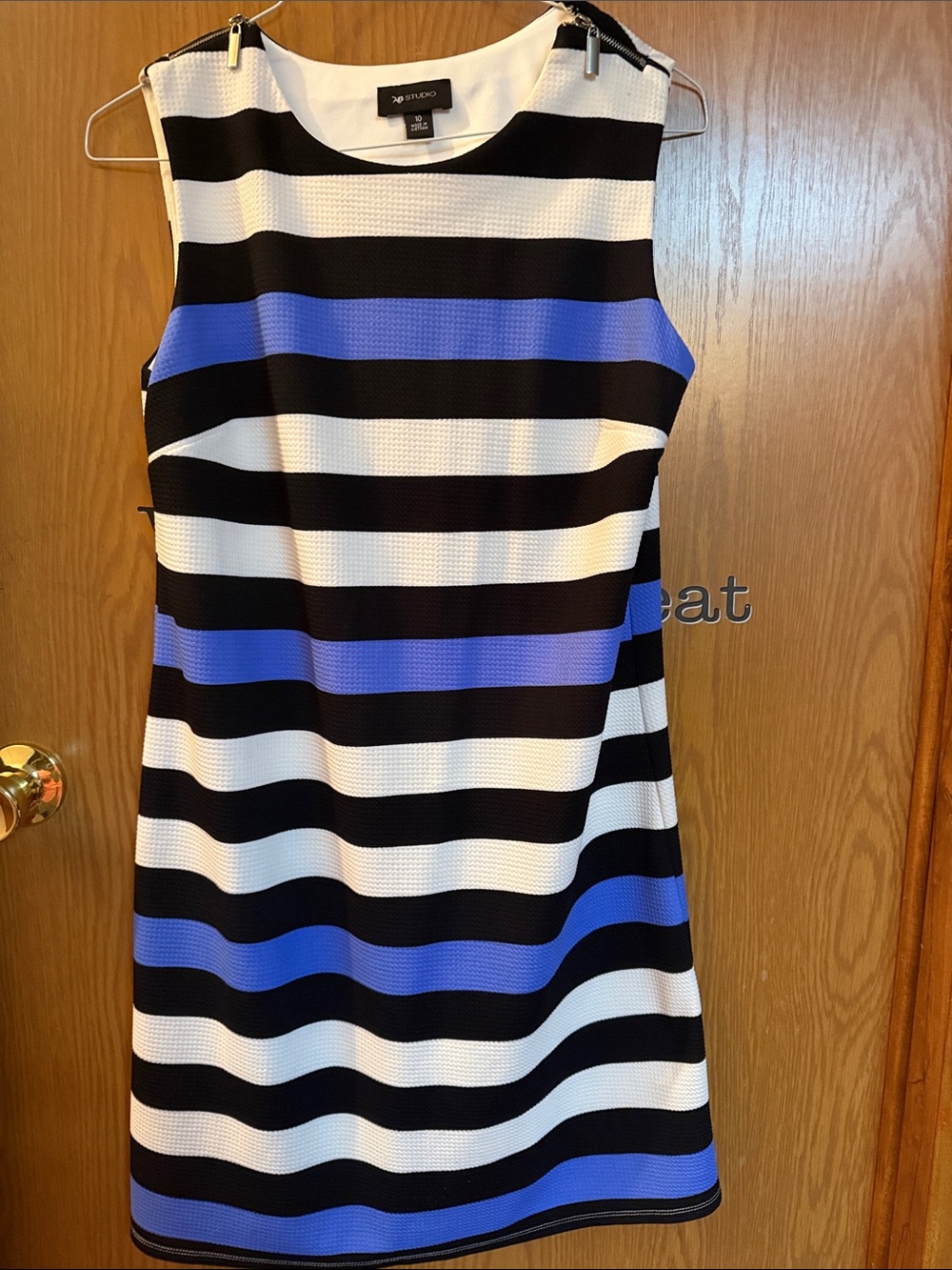 AB Studio Black White and Blue Striped Sleeveless Shift Dress